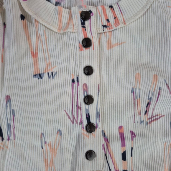 Women's Free People Long Sleeve Tee XS White Multicolor Ribbed Henley - Picture 5 of 6
